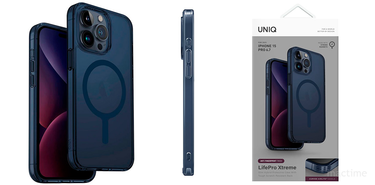 Полупрозрачный Чехол Uniq Lifepro Xtreme для iPhone 15 Pro Max с MagSafe синего цвета